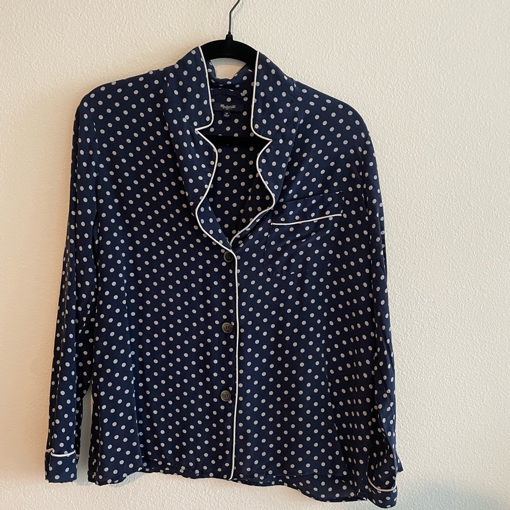 Madewell blue polka dot pajama inspired silk blouse